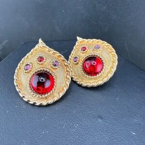 Vintage Swarovski Pierced Earrings Gold Tone Red Gold Tone Signed SAL